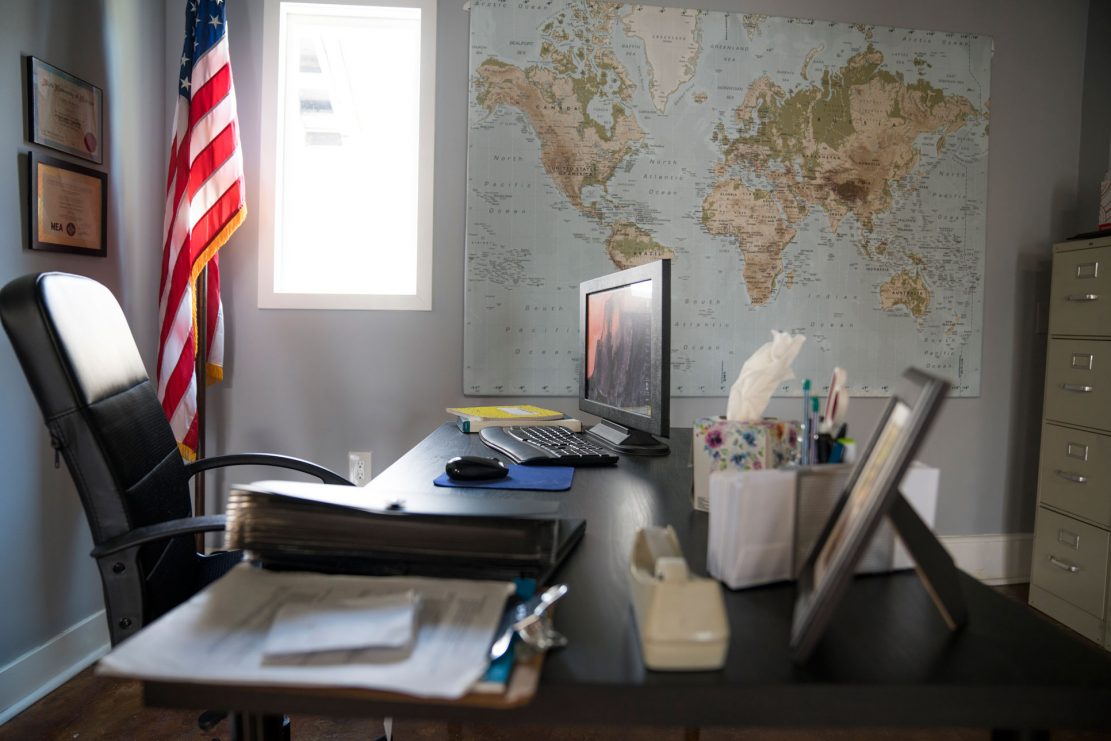Close Up of Office Standing Set for Filming Scenes with American Flag