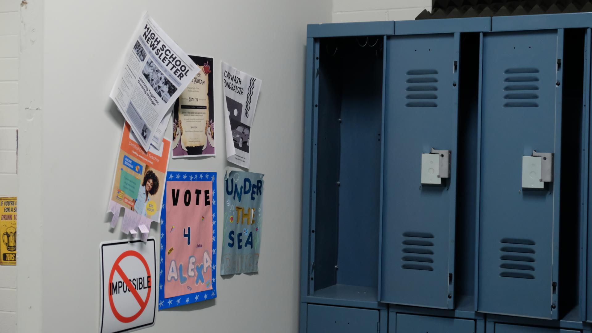High school locker hallway arranged as a film set, optimized for wide and tracking shots.